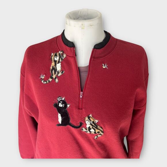 Vintage Top Stitch Cat 3/4 zip Sweatshirt Women's Large L Red Grandmacore 90s - Picture 4 of 9
